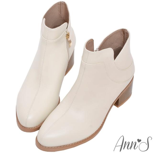【Ann’S】諾拉-雙弧線V口顯瘦真皮小羊皮粗跟短靴5cm(米白)