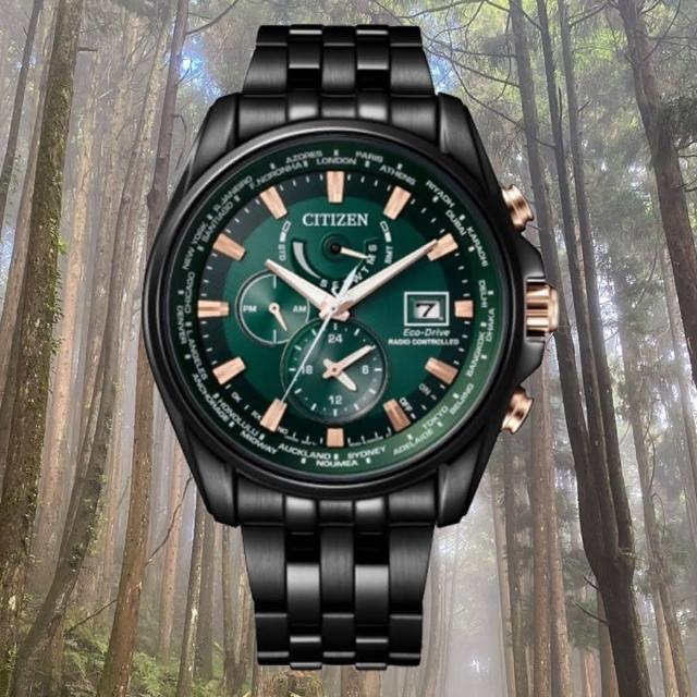 【CITIZEN 星辰】GENTS 廣告款 光動能電波對時時尚腕錶/森林綠44mm(AT9128-87X)