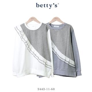 【betty’s 貝蒂思】格紋斜接壓褶雪紡木耳邊T-shirt(共二色)