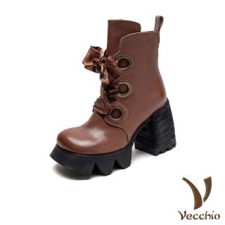 【Vecchio】真皮中筒靴 粗跟中筒靴/全真皮頭層牛皮個性圓扣繫帶粗跟中筒靴(棕)