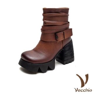 【Vecchio】真皮中筒靴 粗跟中筒靴/全真皮頭層牛皮舒適寬楦個性皮帶釦粗跟中筒靴(棕)
