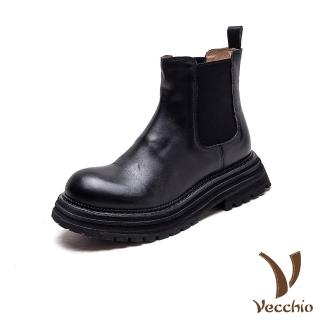 【Vecchio】真皮短靴 牛皮短靴/全真皮頭層牛皮手抓紋復古切爾西短靴(黑)