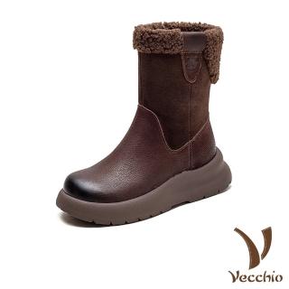 【Vecchio】真皮雪靴 厚底雪靴/真皮頭層牛皮復古加絨保暖純色厚底雪靴(棕)