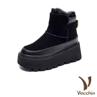 【Vecchio】真皮雪靴 厚底雪靴/真皮異材拼接厚絨保暖百搭厚底雪靴(黑)