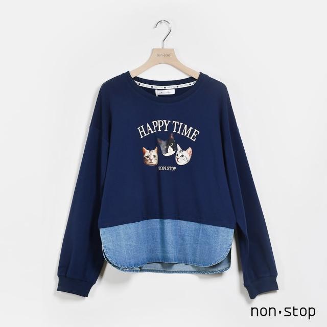 【non-stop】牛仔拼接貓咪圖案T恤-2色