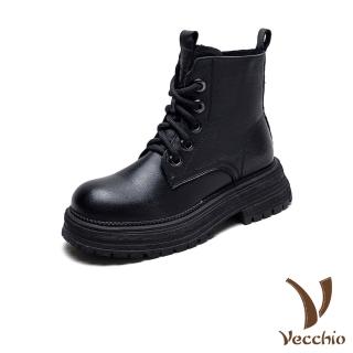 【Vecchio】真皮馬丁靴 厚底馬丁靴/真皮頭層牛皮厚絨保暖個性厚底馬丁靴(黑)