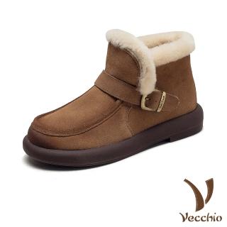 【Vecchio】真皮雪靴 短筒雪靴/真皮頭層牛皮保暖真毛內裡皮帶釦造型短筒雪靴(卡其)