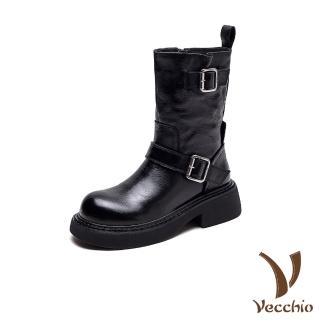 【Vecchio】真皮中筒靴 牛皮中筒靴/真皮頭層牛皮街頭時尚皮帶釦飾個性中筒靴(黑)