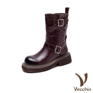 【Vecchio】真皮中筒靴 牛皮中筒靴/真皮頭層牛皮街頭時尚皮帶釦飾個性中筒靴(咖)