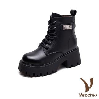 【Vecchio】真皮馬丁靴 粗跟馬丁靴/真皮頭層牛皮保暖舒適個性粗跟馬丁靴(黑)