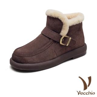 【Vecchio】真皮雪靴 短筒雪靴/真皮頭層牛皮保暖真毛內裡皮帶釦造型短筒雪靴(棕)
