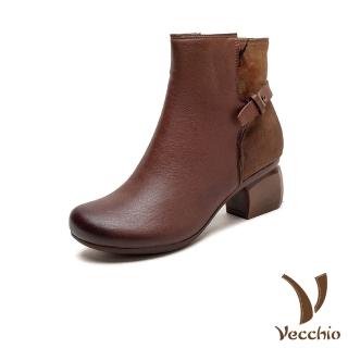 【Vecchio】真皮短靴 粗跟短靴/全真皮頭層牛皮優雅香雲紗拼接時尚粗跟短靴(棕)