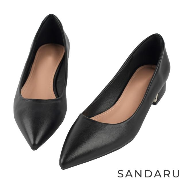 【SANDARU 山打努】跟鞋 尖頭素面金屬拼接低跟鞋(黑)