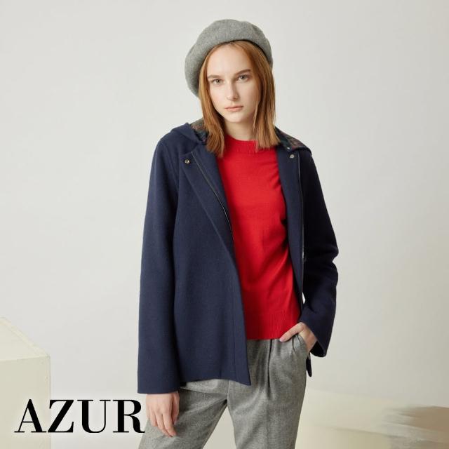 【AZUR】連帽格紋內裡拉鍊羊毛外套