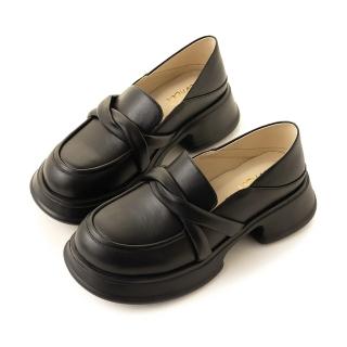 【amai】時尚扭結輕量厚底樂福鞋 懶人鞋 休閒鞋 厚底鞋 粗跟 英倫風 百搭 大尺碼 LF23-15BK(黑色)