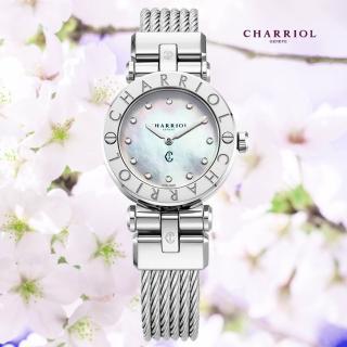 【CHARRIOL 夏利豪】St-Tropez 珍珠母貝錶盤 鑲鑽石英女腕錶-銀色28mm(CR28S.590.001)