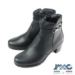 【IMAC】義大利橫帶扣環側拉鍊粗高跟皮靴 黑色(455450-BL)