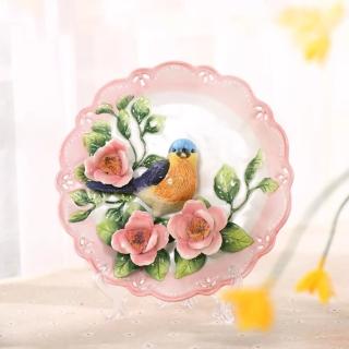 【Function Art 藝術瓷】鳥語花香 陶瓷浮雕3D掛盤 藍鳥與玫瑰花(附透明盤架)