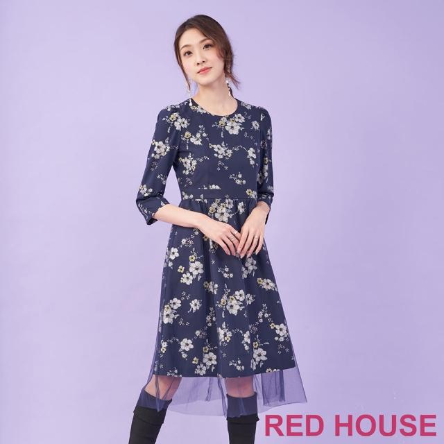 【RED HOUSE 蕾赫斯】優雅網紗花朵洋裝(深藍色)