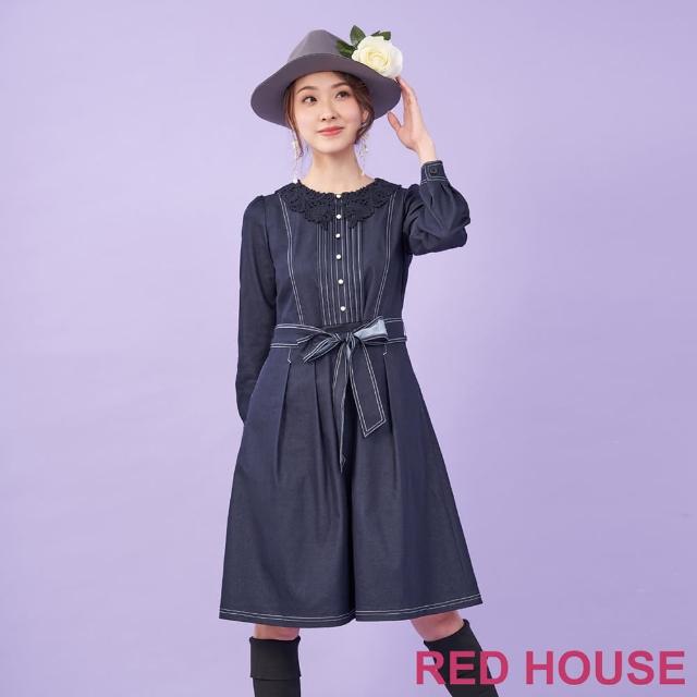 【RED HOUSE 蕾赫斯】蕾絲領牛仔壓線洋裝(深藍色)