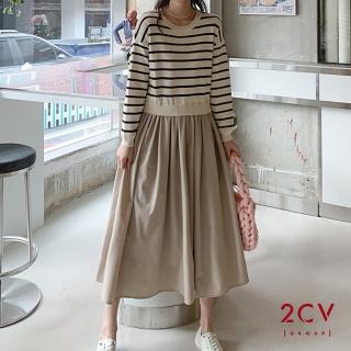 【2CV】現貨 冬新品 條紋拼接長洋裝QF027