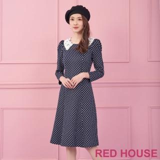 【RED HOUSE 蕾赫斯】蕾絲領圓點修身洋裝(深藍色)