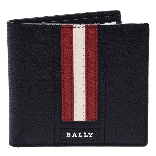 【BALLY】經典紅白紅條紋荔枝紋牛皮摺疊包短夾/鑰匙圈禮盒組(黑X紅6219496)
