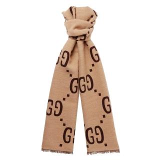 【GUCCI 古馳】495592 經典GG大LOGO雙色羊毛圍巾/披巾(米色)