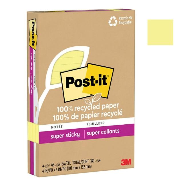 【3M】Post-it 利貼 狠黏 環保橫格便條紙 101x152mm（45張 /本）黃色4本 /盒 4621R-4SSCY