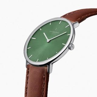 【Nordgreen】ND手錶 Native 本真 36mm 月光銀殼×橄欖綠面 復古棕真皮錶帶(NR36SILEBROG)