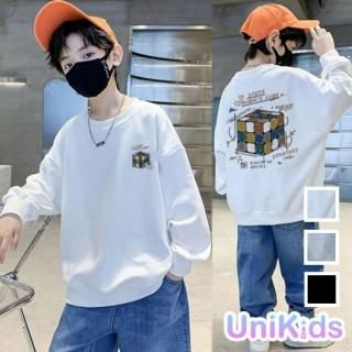 【UniKids】現貨 中大童裝長袖T恤 潮流魔術方塊印花大學T 男大童裝 CL0015(白)