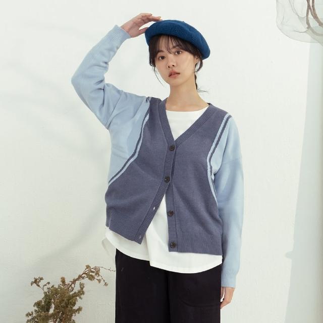 【MOSS CLUB】MOSS兔花拼色長袖針織外套(藍 綠 駝/魅力商品)