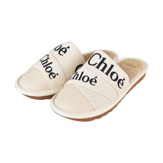 【Chloe’ 蔻依】CHLOE WOODY 黑字LOGO帆布皮革拖鞋(白/黑字)