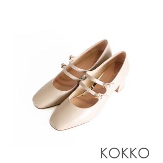 【KOKKO 集團】復古優雅柔軟綿羊皮雙繫帶粗跟瑪莉珍鞋(駝灰色)