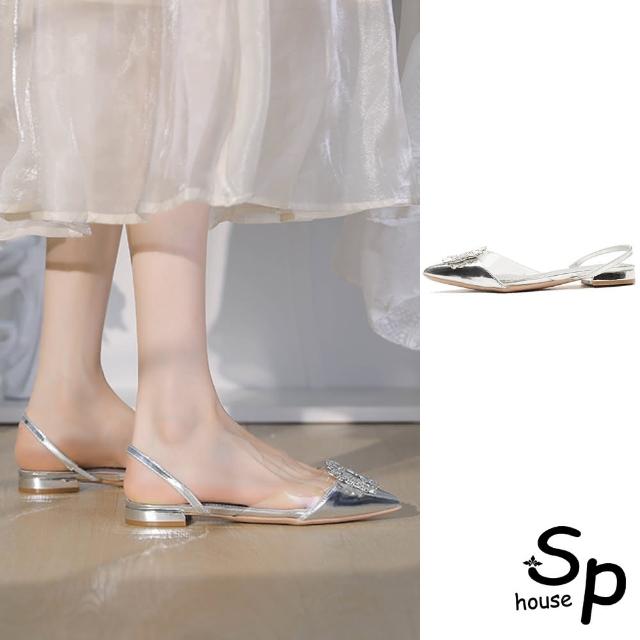 【Sp house】冰晶水晶方鑽漆皮尖頭平底涼鞋(銀色)