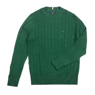 【Tommy Hilfiger】TOMMY 經典圓領Logo麻花針織毛衣 上衣-綠色(平輸品/經典舒適)