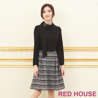 【RED HOUSE 蕾赫斯】蝴蝶結條紋拼接洋裝(黑色)