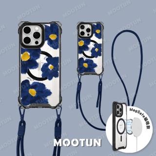 【MOOTUN沐盾】iPhone15 14 13 Pro Max 磁吸掛繩手機殼MagSafe 藍水彩花黑框(附手機掛繩)