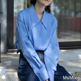【MsMore】復古慵懶風襯衫長袖疊穿內搭設計感法式中長百搭上衣#120059(白/藍)