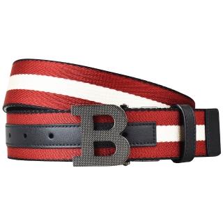 【BALLY】BALLY 經典大B黑字菱格LOGO紅白條紋設計帆布雙面釦式皮帶(寬版/紅x白)