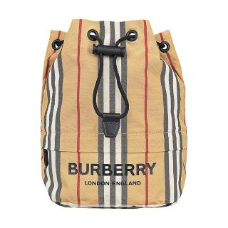 【BURBERRY 巴寶莉】BURBERRY 黑字LOGO尼龍束口收納水桶包(典藏米)