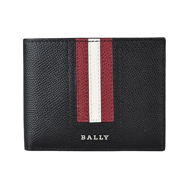 【BALLY】BALLY TVEYE 金屬LOGO條紋牛皮6卡對折短夾(黑x紅白紅條紋)