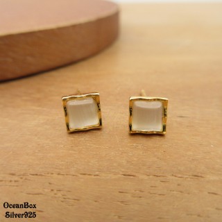 【海洋盒子】簡約漂亮方形貓眼石925純銀金色耳環(鍍金貼耳耳環)