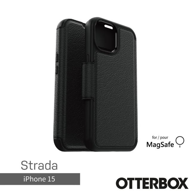 【OtterBox】iPhone 15 6.1吋 Strada 步道者系列真皮掀蓋保護殼-黑(支援MagSafe)