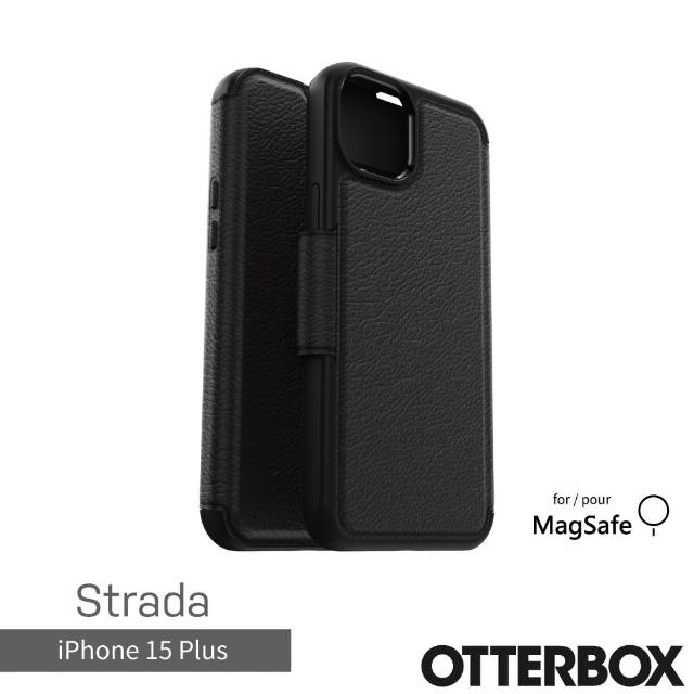 【OtterBox】iPhone 15 Plus 6.7吋 Strada 步道者系列真皮掀蓋保護殼-黑(支援MagSafe)