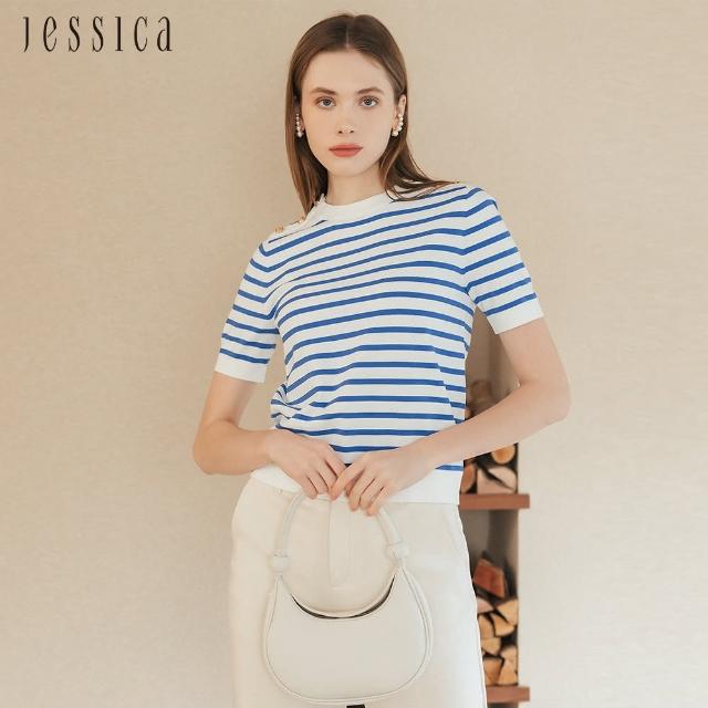 【JESSICA】經典百搭條紋圓領短袖針織衫J30666