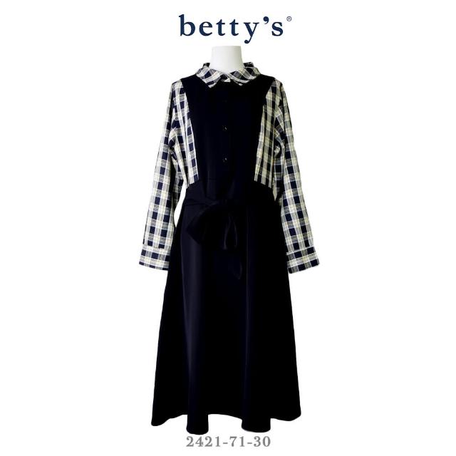 【betty’s 貝蒂思】文青格紋拼接腰間綁帶洋裝(黑色)