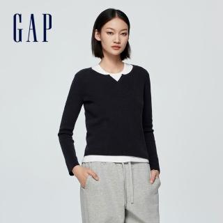 【GAP】女裝 假兩件圓領針織毛衣-黑色(428857)