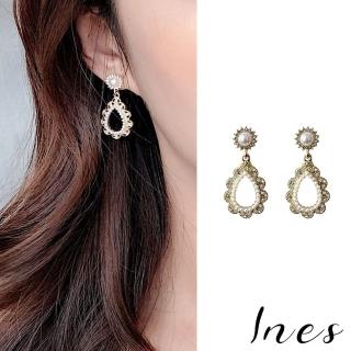 【INES】韓國設計巴洛克復古水滴美鑽花片珍珠耳夾(無耳洞耳環 耳夾 夾式耳環)