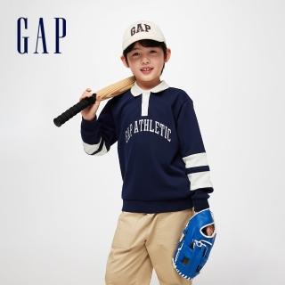 【GAP】男童裝 Logo印花翻領長袖上衣-海軍藍(891593)